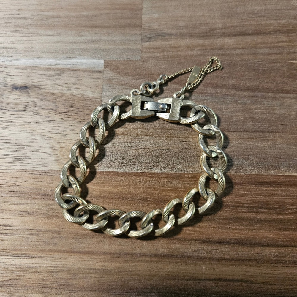 Vintage Monet Gold Tone Textured Curb Chain Bracelet with Safety Chain Signed